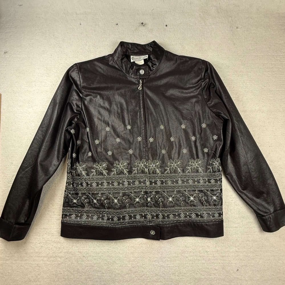 Vintage 90s Black Silver shimmer floral Jacket XL USA coquette whimsygoth